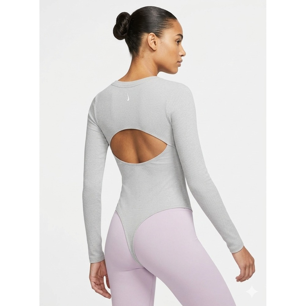 Nike Dri-Fit Yoga Luxe Bodysuit Womens XS Gray Long Sleeve Open Back Thong